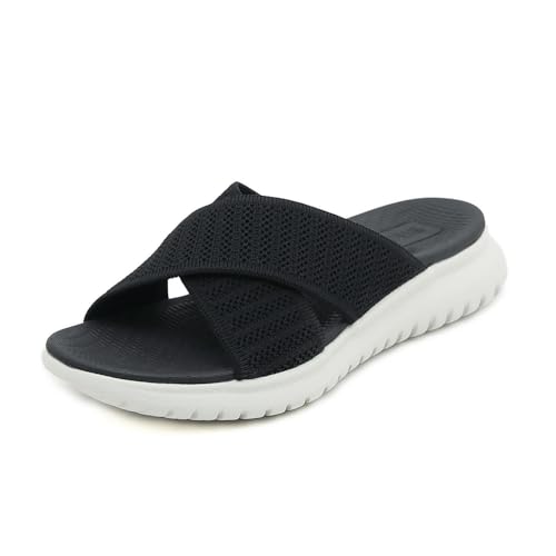 Acfoda Sandalen Damen Sommer Bequeme Pantoletten Leichte Hausschuhe Weiche Latschen Casual Schlappen Elegant Slipper Hausschlappen Sandale mit Fussbett Schwarz 36