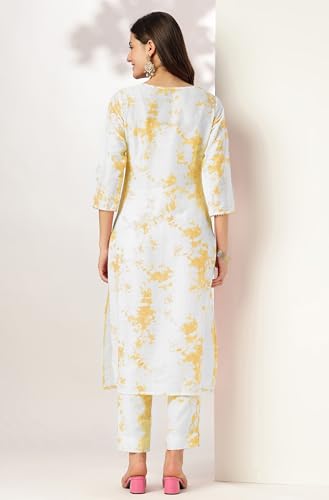 Image of Janasya Women's Yellow Silk Blend Tie & Dye Yoke Embroidered Straight Kurta Pant Set