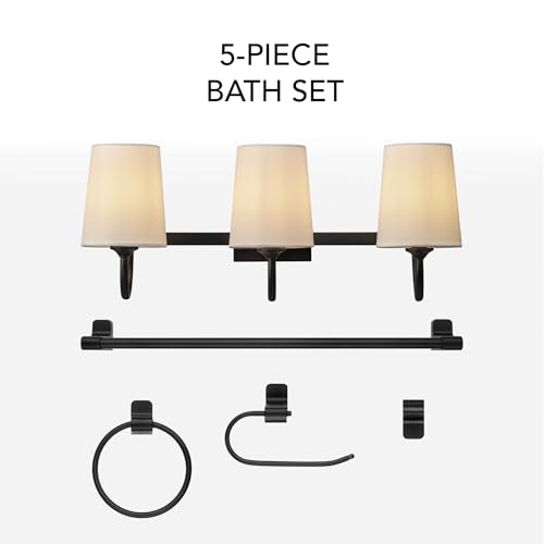 Image of Globe Electric 63000206 5-Piece All-in-One Bathroom Set, 3-Light Vanity Light, Matte Black, Linen Shades, Towel Bar, Robe Hook, Toilet Paper Holder, Towel Ring, Bathroom Lights Over Mirror