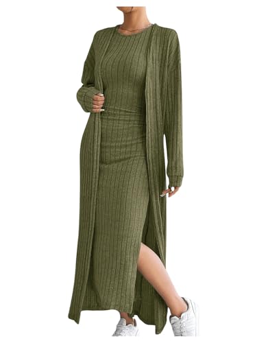 SOLY HUX Women's Casual Ribbed Knit Outfit 2 Piece Bodycon Tank Dress and Long Sleeve Long Cardigan Spring Fall Clothes