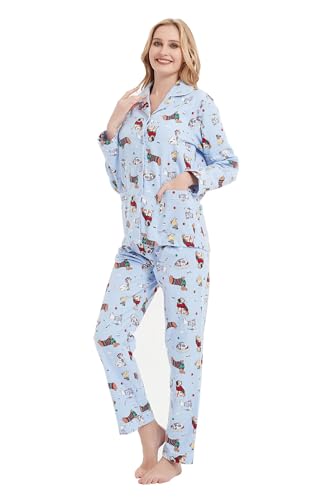 GLOBAL Schlafanzüge Damen Flanell | Baumwolle Damen Pyjama Set | Zweiteiliger Nachtwäsche Damen Pjs Set Lang | Knopfleiste vorne und Kordelzug |Blauer Süßer Hund L