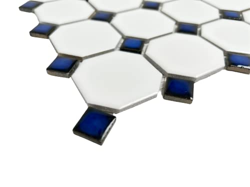 Octagon Porcelain Mosaic Floor And Wall Tile Matte White With Glossy Cobalt Blue Dots Designed In Italy, For Bathroom Floor, Kitchen Backsplash (Box Of 5 Sq. Ft.) #TOP2