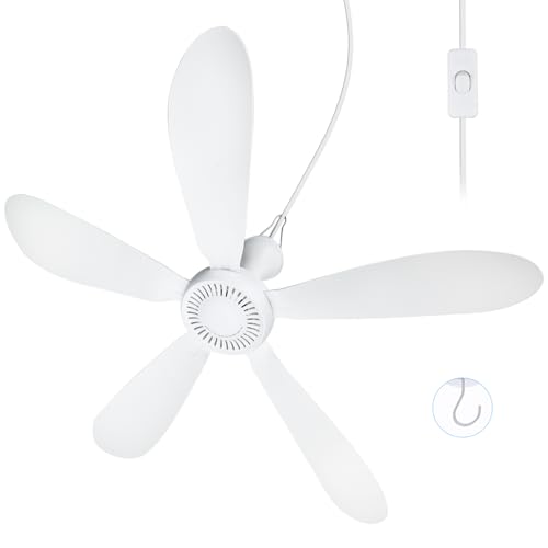 SCOOYEEES 28inch AC 110V Portable Ceiling Fan with Switch, Plug in Ceiling Fan Hanging Fan with Hook for Gazebo Camping RV Tent Home Room Outdoor Indoor
