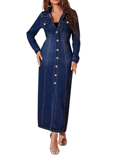 ORANDESIGNE Jeanskleid Damen Lang Jeans Kleid Langarm Jeanskleider Herbst Maxi Jeanskleid mit Hoher Taille A Dunkelblau S
