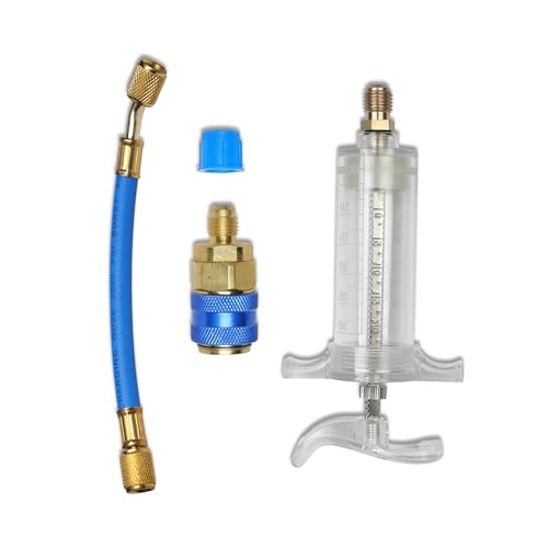 E-VelionX Oil and Dye Injectors Kit 30ml/1 Oz Hand Push Compressor Manual AC Oil Dye Injector with Quick Coupler 1/4 SAE Connector Car HVAC Compressor Oil Dye Injector Refrigerant Tool