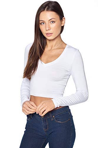 Khanomak Women's Basic Long Sleeves V Neck Fitted Crop Top T Shirt (White, Small)