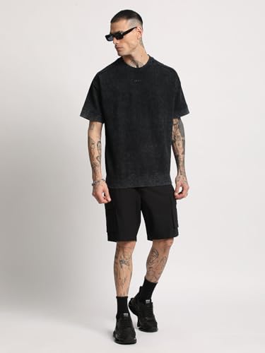 Image of Men Black Self Design Oversized Round Neck T-Shirt