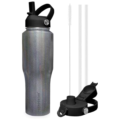Image of SENDESTAR Water Bottle,Wide Mouth Stainless Steel Vacuum Insulated Double Wall Keep Liquids Cold or Hot All Day,Sweat Proof Sport Design,Fit Car Cup Holder,Laser Grey,40,Ounces
