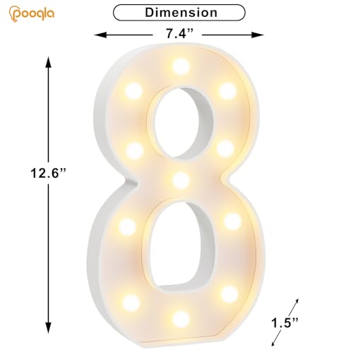 Image of Pooqla Large Light Up Numbers for 8th Birthday Decorations, 12.6 in Tall White Plastic Marquee Numbers Sign Party Decorations, Gift for Girls Boys Night Light Wedding Anniversary Decor, Big Number 8