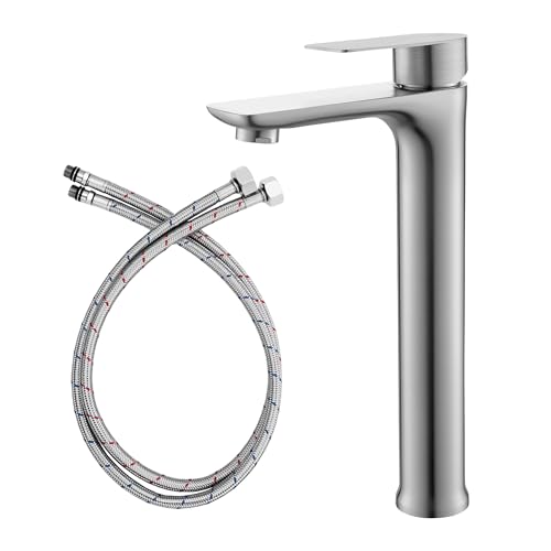 Xiiwin Grifo de lavabo de baño de cuerpo alto, moderno, monomando, un agujero, color plateado cepillado