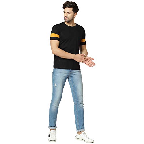 Image of London Hills Men's Half Sleeve 100% Pure Cotton Casual Round Neck with Stripe on Arm, Regular Fit Non-Shrinkable Multicolor T-Shirts