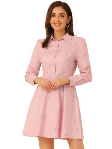 Image of Allegra K Women's Shirt Dress A Line Embroidered Floral Mini Dresses | Casual, Collar, Long Sleeve, Button Down, Half Placket, Invisible Zipper, Knee Length