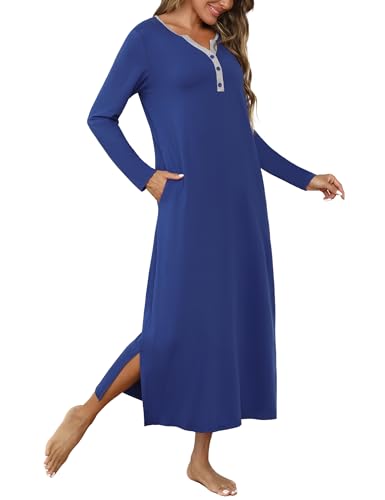 Marvmys Womens Long Sleeve Nightgowns Long Button Up Night Gown Henley V Neck Full Length Sleep Shirts with Pocket