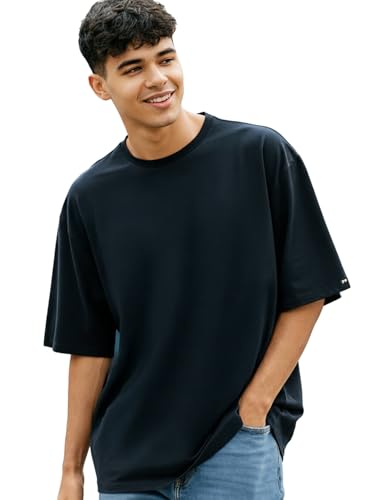Image of Bewakoof Men's Solid Oversized Fit Half Sleeve Round Neck Cotton T-Shirt
