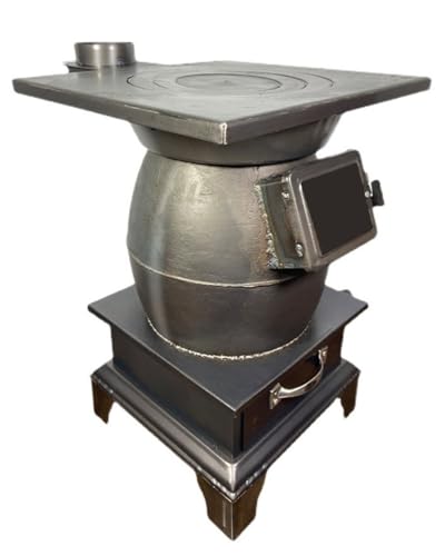 Estufa de hierro fundido para una combustión eficiente de madera y pellets con caja de almacenamiento grande, ideal para calefacción doméstica y uso al aire libre