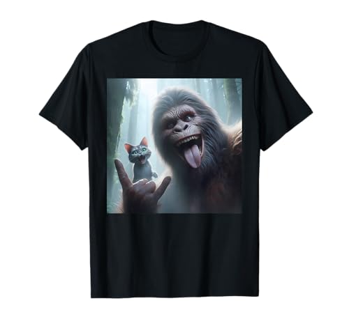 Bigfoot selfie with cat rock sign surprised sasquatch cat T-Shirt