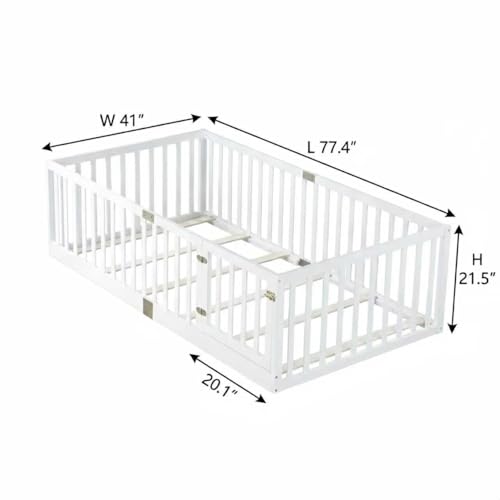 Image of Bellemave Twin Size Kids Montessori Floor Bed Frame with Door and Slats,Solid Wood Floor Bed Frame with Slats and High Fence for Kids,Girls,Boys,White