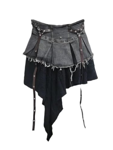 Women's Denim Skirts High Waist Patchwork Irregular Burrs Edge Folds Ribbons Short Skirt2