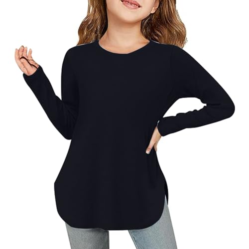 Little Girls Long Sleeve Shirts Curve Hem Side Slit Soft Tunic Tops Raglan Crewneck Fall Winter T-Shirts for 2-8 Years