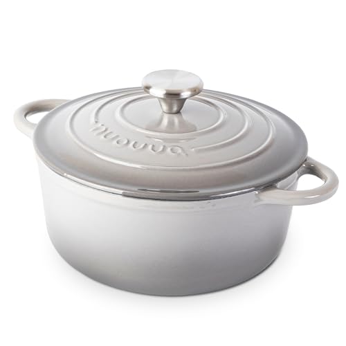 Casseruola in Ghisa Smaltata, Pentola Olandese Antiaderente con Coperchio, Induzione/Gas/Forno, Cottura Omogenea – 2.9 Liter 24cm Grigio – da Nuovva