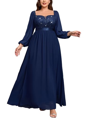 MISSMAY Women's Plus Size Sequin Lace Square V Neck Sheer Long Sleeves Formal Evening Chiffon Long Dress