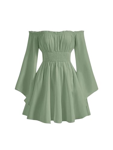 MakeMeChic Women's Off Shoulder Dress Baby Doll Bell Sleeve Shirred Flared A Line Mini Dresses Green Medium