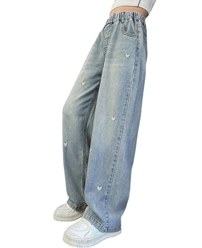Kids Girls Jeans Casual Loose Denim Pants Heart Embroidery Straight Wide Leg Pants Children's Long Pants4