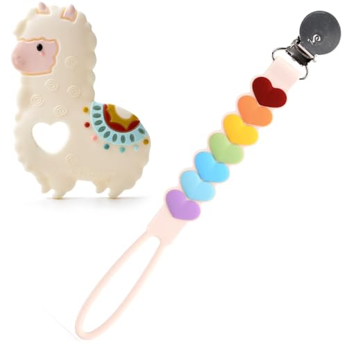 Image of Loulou Lollipop Silicone Teether and Holder Clip Bundle Set - Llama/Sweetheart Rainbow