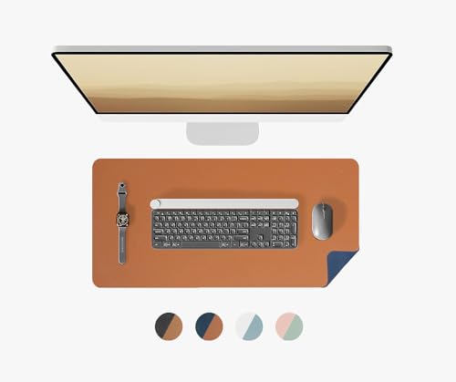 Image of Bellblock Large Extended Desk Mat /Mouse Pad /Gaming Mouse Pad | Vegan PU Leather | Anti-Skid, Non-Skid, Reversible Splash-Proof | Blue & Tan | 90cm x 45cm (Pack of 1) (DM1, 60 x 30cm Combo)
