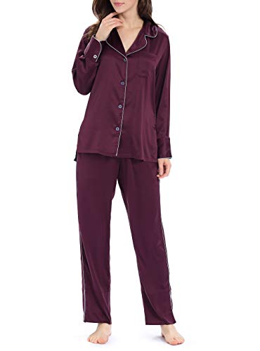 Womens Pajamas Set, Satin Pajamas Button-Down Long Sleeve Silk Pajama Sleepwear Loungwear Set (Wine, M)