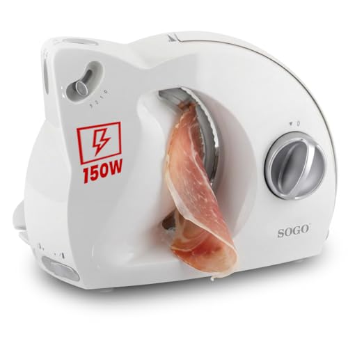 Sogo Cortadora De Fiambre Plegable Con Cuchilla Dentada Circular 170mm Acero Inoxidable - Cortafimabre Eléctrico Con 3 Niveles De Potencia - Máquina De Cortar Embutido Con Botón De Seguridad