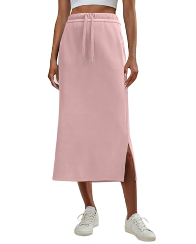 Image of Lepunuo Women's High Waisted Sweat Maxi Skirt with Pockets Slit | Ultra Soft Sweat Fabric, High Waist Drawstring, Deep Phone Pockets, Side Slit for Movement, Ideal for Lounge Travel