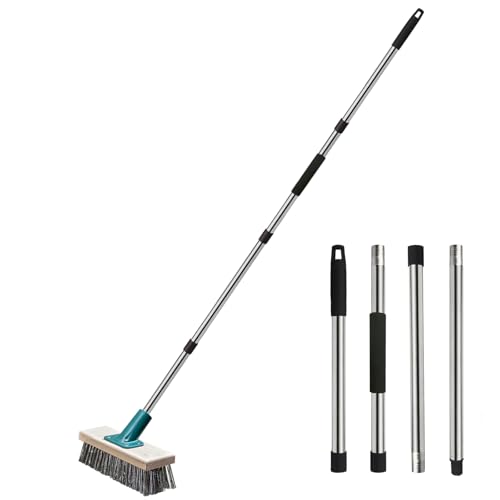 Push Broom Brush Stainless Steel Wire Scrub Brush with Long Handle for Moss, Tough Stains on Deck...