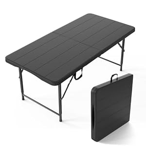 VINGLI 4 FT Plastic Folding Camping Table,3-Level Adjustable Height, Portable in/Outdoor Party Picnic Dining Desk,Off-White Garden Soccer Multipurpose Entertaining Activities, Black