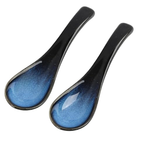 2 Stück Asiatische Suppenlöffel Set Keramik japanische blaue Ramen Löffel aus Porzellan chinesische Suppenlöffel Retro Glasur für Ramen Pho Wonton Miso Eintöpfe