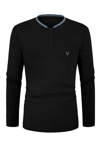 KUYIGO Mens Zip Henley T-Shirt Deer Head Embroidery Tennis Long Sleeve Cotton Tops Regular Slim Fit Shirt M Black