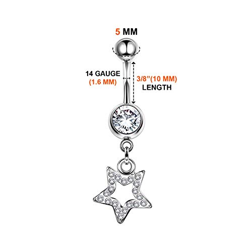 Stainless Steel Danging Belly Piercing Ring Star Shape 16G 3/8 10Mm 8Mm Clear Crystal Ball Earrings Piercing Jewelry 5154 #TOP1