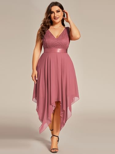 Image of Ever-Pretty Plus Women's V Neck Sleeveless Asymmetric Hem Lace Chiffon Short Summer Plus Size Wedding Guest Dresses Cameo Brown US26