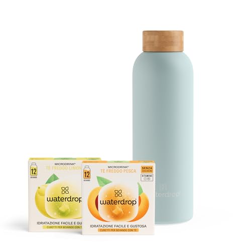 waterdrop® Set Borraccia Termica Tè Freddo Zero - Bottiglia acqua 600ml + 24 waterdrop Microdrink cubetti per acqua - The Verde Limone, Nero Pesca - Senza Zucchero e Calorie