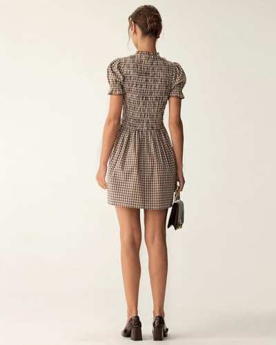 Image of RIHOAS Plaid Gingham Midi Dress Short Sleeve Smocked Dresses for Women | Cotton,Ruffle Puff Sleeves,Vintage Brown,Spring Summer Casual Daily,Picnic,Travel,Vacation,Christmas Festive Occasions