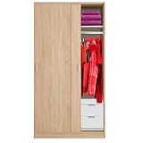 HABITMOBEL Armario Alto Auxiliar con cajonera 2 Puertas correderas Color Natural Roble 100 cm (Ancho) x 200 cm (Alto) x 50 cm de Fondo