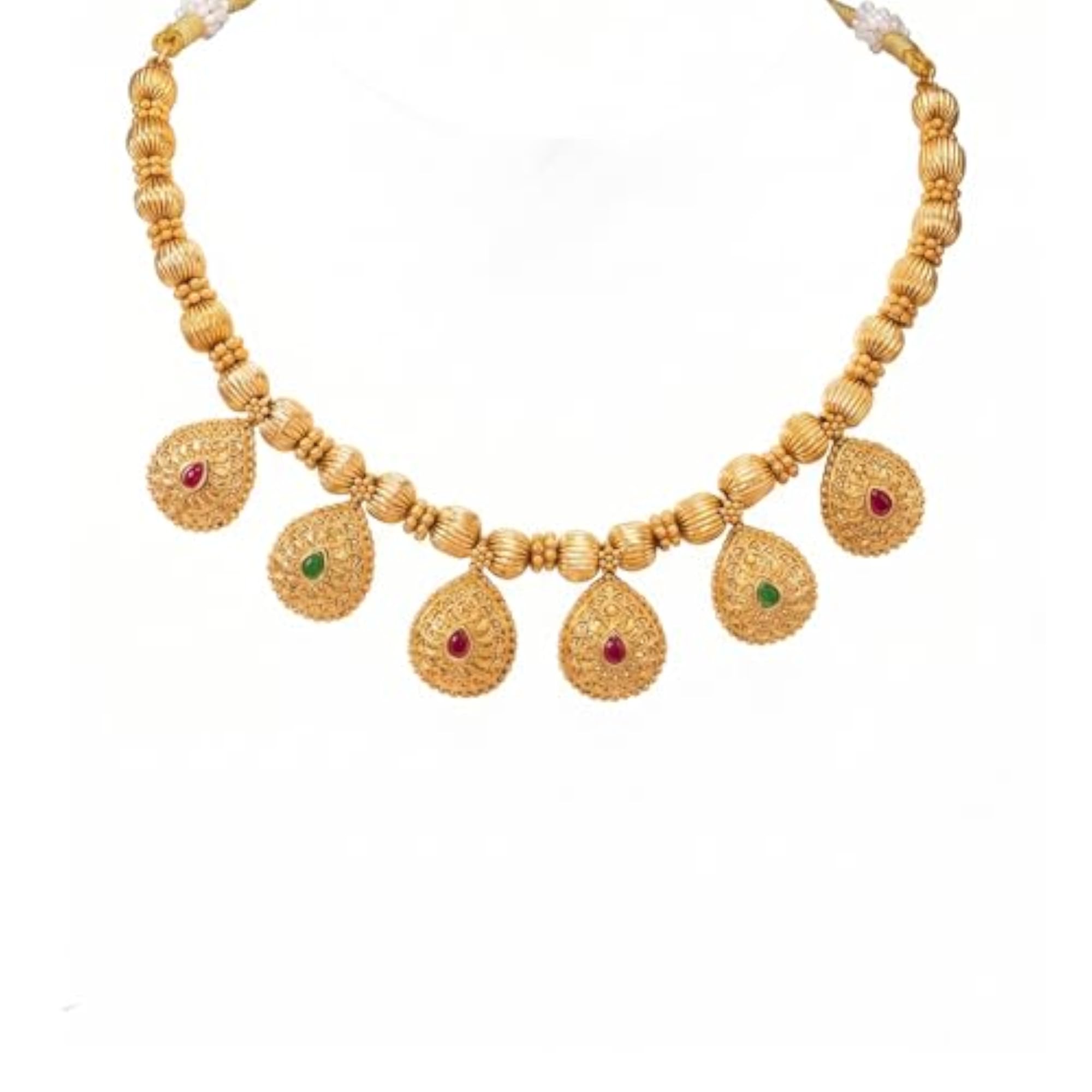 Gold Plated Traditional Necklace Earrings Set with Faux Emerald & Ruby