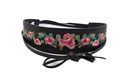 Women Black Tie Fashion Belt - Wrap Around Faux Leather Wide Waistband Flower S M3