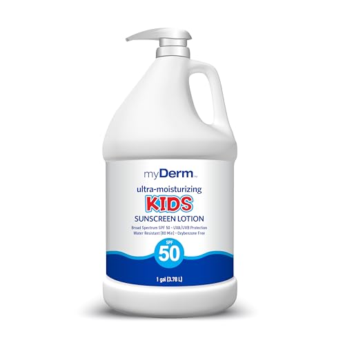 MyDerm Ultra-moisturizing SPF 50 KIDS Sunscreen Lotion Free from Octisalate Oxybenzone Octinoxate and Parabens Hawaii 104 Reef Act Compliant 128 oz (1 Gallon) Broad Spectrum UVA/UVB Protection
