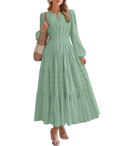 BTFBM Fall Dresses for Women 2025 Casual Long Sleeve V Neck Elastic Waist Lightweight Maxi Wedding Guest Dress Pockets(Sage Green, Medium)