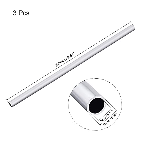 uxcell 6063 Aluminum Round Tube 10mm OD 8mm Inner Dia 250mm Length Pipe Tubing 3 Pcs