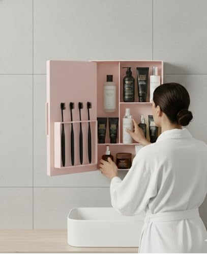 Image of zahab Wall Mounted Bathroom Mirror Cabinet 10x14 Inch | Plastic Storage Cabinet with Mirror | Waterproof Toiletry Organizer | Space Saving Bathroom Shelf (Pink)