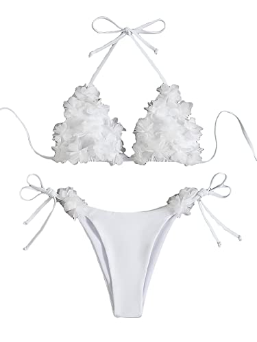 GORGLITTER Women's Appliques Triangle Bikini Set Halter Wireless Bra and Tie Side Thong Swimsuit Set