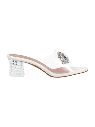 Image of TRYME Embellished Front Studded Buckle Block Heels Comfortable Transparent Party Kitten Heel for Womens & Girls