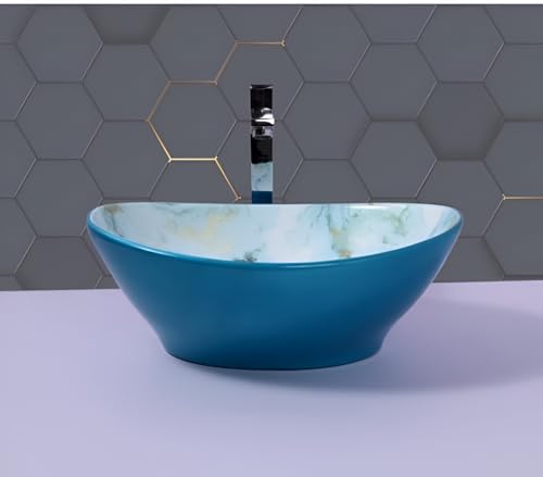 SEA SHORE IMPORTED Premium Designer Table Top Ceramic Wash Basin | Over Counter Bathroom Basin | Vessel Sink with Slim Rim Counter Top for Bathroom (16 x 12 x 5.5 Inch, Cyan & Smoky Blue)